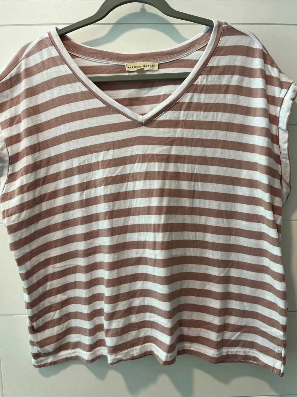 Farmers Market Pink & White Striped V-Neck Tee